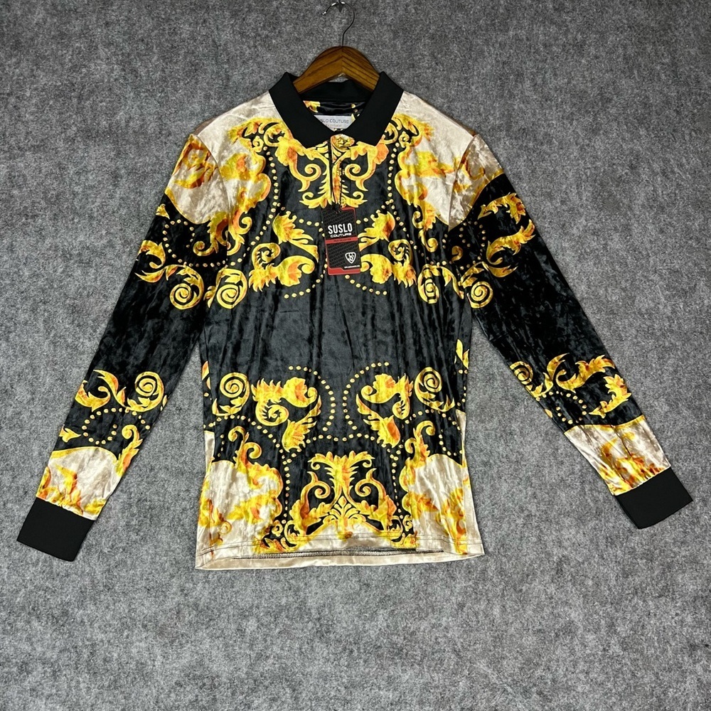 Suslo Couture Baroque-Print Polo Top in Black & Gold Shirt Men’s Size Small